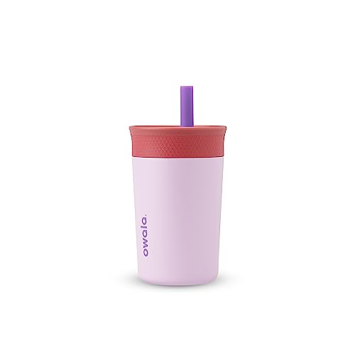 Owala Kids Insulation Stainless Steel Tumbler with Spill Resistant Flexible Straw, Easy to Clean, Kids Water Bottle, Great for Travel, Dishwasher Safe, 12 Oz, Pink and Purple (Lilac Rocket)