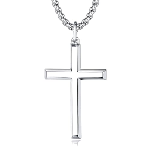 FANCIME Cross Necklace for Men Women Silver Cross Necklaces Sterling Silver Cross Pendant High Polished Plain Mens Big Large Gifts For Boys,With Strong Stainless Steel Box Chain Length 24 Inch