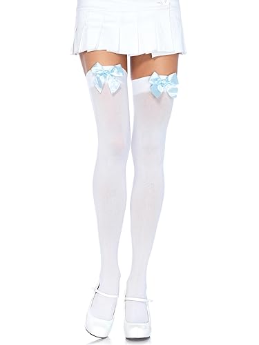 Leg Avenue Women's Satin Bow Accent Thigh Highs, White/Light Blue, One Size