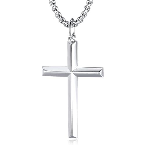 FANCIME Cross Necklace for Men Sterling Silver Cross Necklaces High Polished Gift For Men Boys, Stainless Steel Box Chain Length 24 Inch