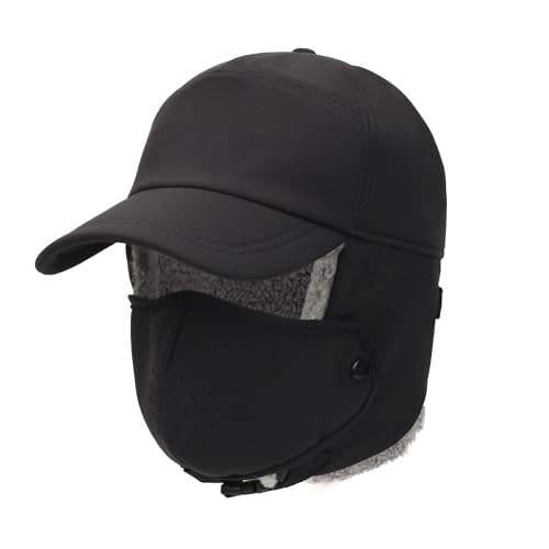 Trapper Hat for Men Women Waterproof Winter Warm Baseball Cap with Ear Flaps and Mask Black