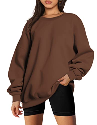 Trendy Queen Sweatshirts for Women Hoodies Oversized Crewneck Tops Sweaters Comfy Fall Winter Outfits Clothes 2024 Fashion Brown L