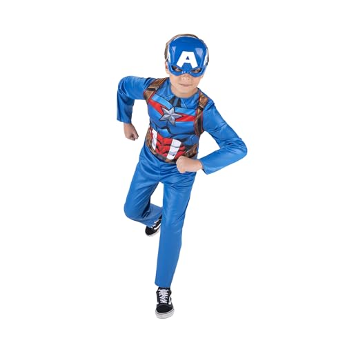 MARVEL Captain America Official Youth Value Costume - Full-Bodied Fabric Jumpsuit with High-Resolution Printed Design and Plastic Half Mask