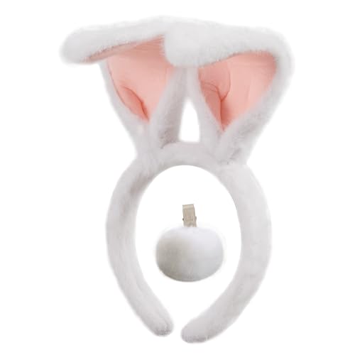 CHEU Easter Bunny Headband and Pom Pom tail set for rabbit costume (white)