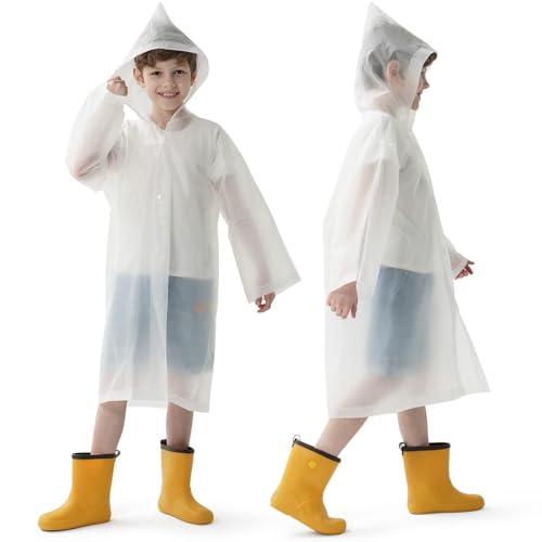 Opret 2 Pack White Raincoats for Kids, Reusable Rain Ponchos with Hood and Sleeves Children Waterproof Rain Coats for Boys and Girls