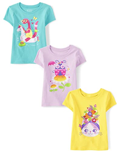 The Children's Place Baby Girls' and Toddler Animal Short Sleeve Graphic T-Shirts,Multipacks, Hawaiian 3-Pack, 5T