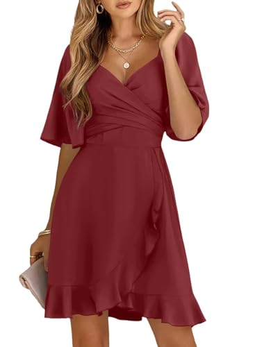 Dokotoo Women's Wrap V Neck Short Sleeve Smocked Elastic Waist Tiered Belted Ruffle Hem Mini Dress Easter Dress for Women Ruby L