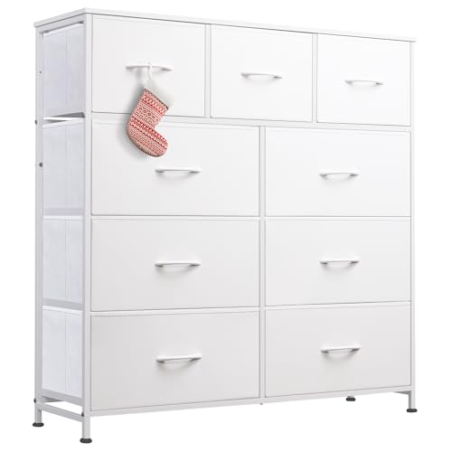 WLIVE 9-Drawer Dresser, Fabric Storage Tower for Bedroom, Hallway, Closet, Tall Chest Organizer Unit for Bedroom with Fabric Bins, Steel Frame, Wood Top, Easy Pull Handle, White