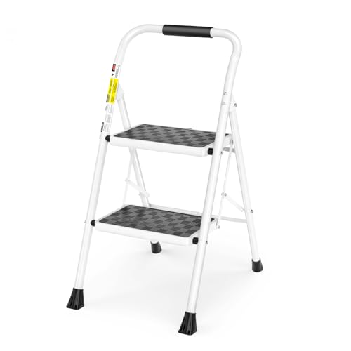 HBTower Step Ladder, 2 Step Stool for Adults,2 Step Ladder Folding Step Stool with Cushioned Handle Step Ladder with Wide Anti-Slip Pedal Ergonomic Design,White