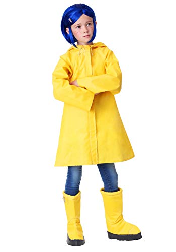 Kids Coraline Costume | Girl's Coraline Yellow Raincoat - Jacket, Boot Covers, Blue Wig with Dragonfly Hairclip Medium