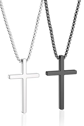 Romass 2 Pcs Cross Necklace for Men, Silver Black Box Chain Mens Stainless Steel Pendant Crosses Chain Jewelry Gifts Box 16-30 inches（18in,Cross Pendant 1.2'*0.7',Silver/Black）