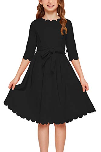 GORLYA Girl's 3/4 Sleeve Casual Scalloped Edge A-line Belted Dress with Pockets for 4-14T Kids (GOR1031, 11-12Y, Black)