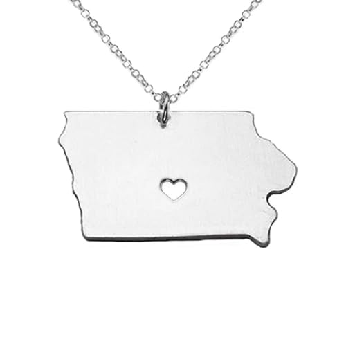 Art Attack Stainless Steel I Love Iowa Necklace, Hawkeye State Heart Map Pendant (Silver)