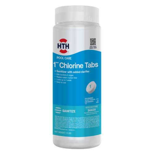 HTH 42049 Pool Care 1' Chlorine Tabs, Swimming Pool Sanitizer with Added Clarifier - Eliminates Bacteria & Algae, Makes Water Clean & Crystal Clear, Sanitizes & Protects - Slow Dissolving, 1.5 lbs