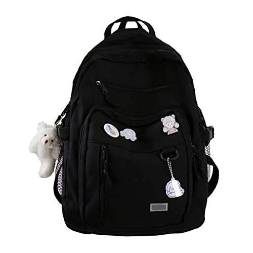 GAXOS Cute Aesthetic Backpack for School Middle Student Travel Black Backpack Teens Girls Bear Pin Book Bags