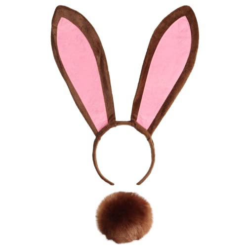 Bunny Ears and tail Set, Plush Easter Rabbit Ears Headband Tail Bunny Halloween Cosplay Costume Accessories (Brown)