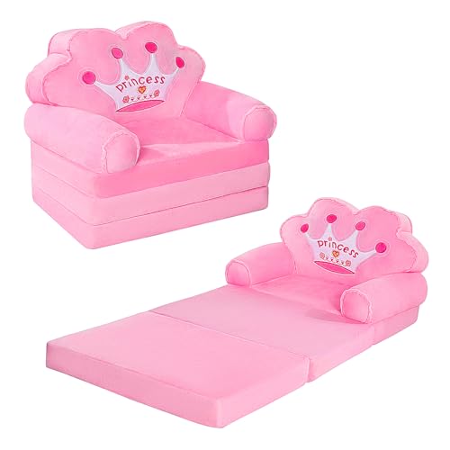 MOONBEEKI Kids Foldable Sofa Bed, Princess Chair for Toddlers 1-3, Pink Cartoon Shape, High Density Foam, Fold Out Couch for Bedroom, Sofa Bed for Girls, 15.1x19.7x2.4 inches, 4.4 lbs