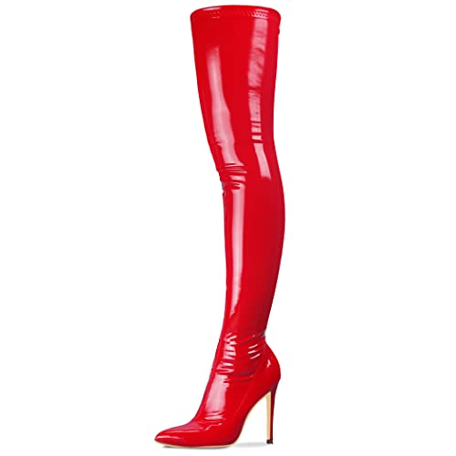 Women's Patent Leather PU Thigh High Boots Pointy Toe Side Zippe Fashion Comfy Sexy Stiletto High Heel Over The Knee Boots Red Patent Leather PU Size US6 EU36