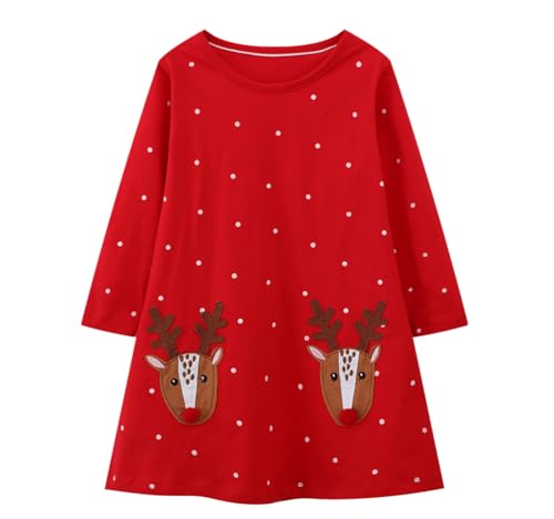 Girl Christmas Dress Red Dot Deer Elk Santa Applique Long Sleeve Cotton Casual Tunic Shirt Outfits Dresses Size 8