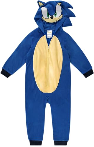 Sonic The Hedgehog Kids Onesie Pajamas - Boys Long Sleeve Zip Up Hooded Blanket Sleep - One Piece Costume - Official License Blue