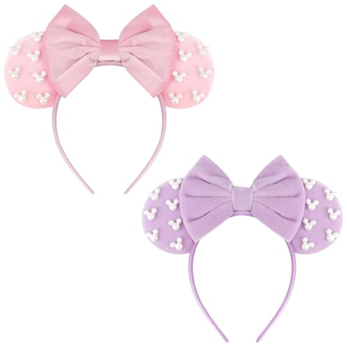 DRESHOW Mouse Ears Headbands for Women Girls Pearl Hairbands Bow Head bands Velvet Head band Christmas Cosplay Costume Princess Party Decorations Halloween & Disney Trip