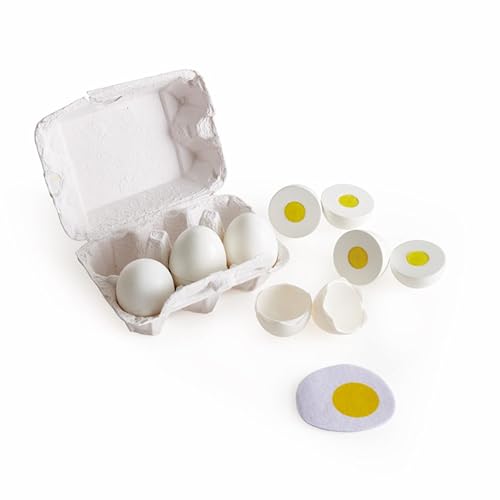 Hape Egg Carton | 3 Hard-Boiled Eggs with Easy-Peel Shell & 3 Fried, Wooden Realistic Educational Toy for Children 3+, White and Yellow (E3156)