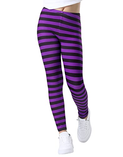 HDE Girl's Leggings Holiday Stretchy Full Ankle Length Striped Tights Purple and Black Stripes - 7-8