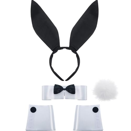 SATINIOR Bunny Costume Set Rabbit Ear Headband Collar Bow Tie Costume Cuffs Rabbit Tail for Easter Party(Black)