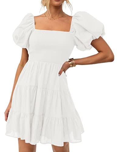 ZESICA Women's 2024 Boho Summer Square Neck Puff Sleeve Off Shoulder Smocked Tiered Casual A Line Short Mini Dress,White,Medium