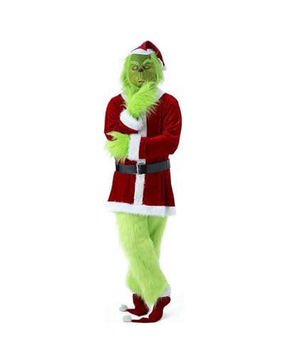 Afoxsos 7PCS Christmas Green Monster Costume - Adult Santa Claus Outfit Santa Suit Set (Including Mask) - X-Large