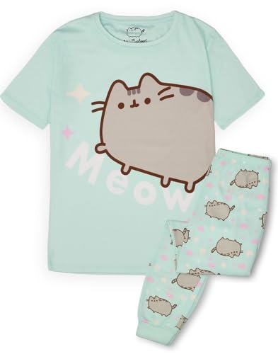 Pusheen Girls Pyjama Set | Young Ladies Green Loungewear Short Sleeve T-Shirt & All Over Print Long Leg Pants Complete PJs