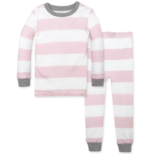 Burt's Bees Baby baby girls Pajamas, Tee Pant 2-piece Pj Set, 100% Organic Cotton and Toddler Pajama Bottoms, Blossom Rugby Stripe, 4T US