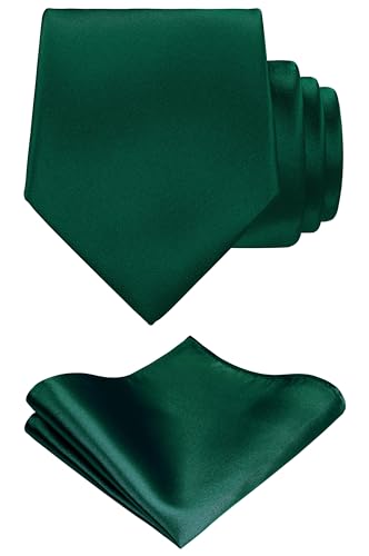 TIE G Solid Satin Color Formal Necktie and Pocket Square Sets in Gift Box (Hunter Green)