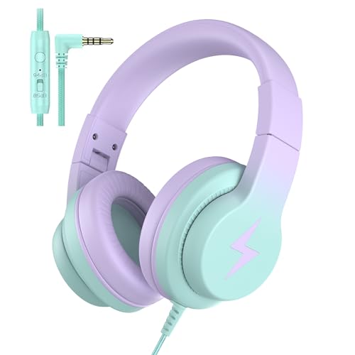 Candy Bila Kids Headphones, Wired Headphones for Kids Over Ear with Microphone, 85/94dB Volume Limiter Headphones for Girls Boys, Foldable Headphones for Learning & Entertainment,Gradient Purple