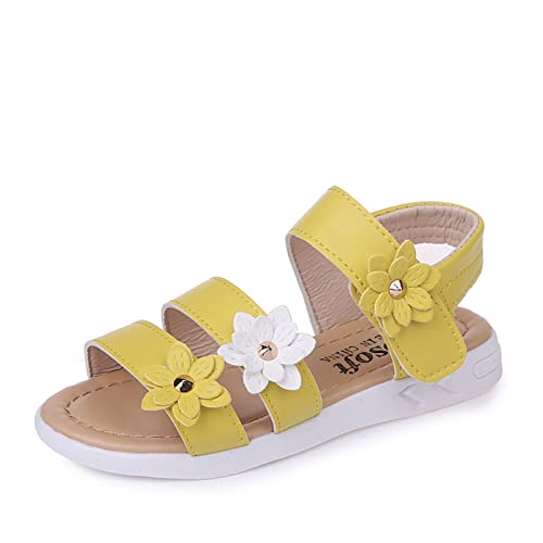 Toddler Girls Summer Sandals, Flat Sandals Open Toe Summer Casual Sandals with Hook Loop or Buckle Water Sandals Yellow, 9-9.5 Years