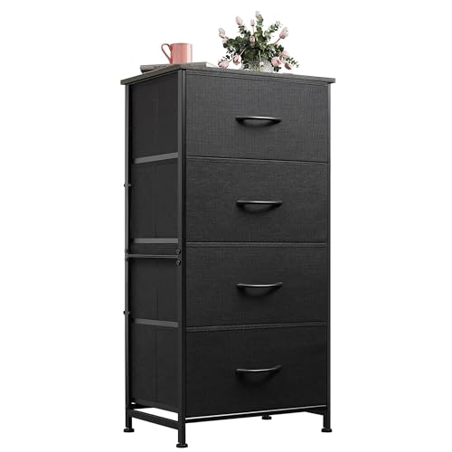 WLIVE Dresser with 4 Drawers, Fabric Storage Tower, Organizer Unit for Bedroom, Hallway, Entryway, Closets, Sturdy Steel Frame, Wood Top, Easy Pull Handle, Charcoal Black