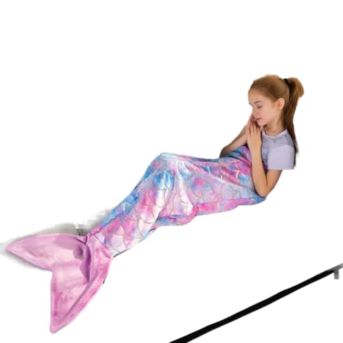 Mermaid Tail Blankets Glittering Wearable Cute Cozy Soft Flannel Rainbow Colorful Mermaid Tail Blanket for Kids 5~12 Year