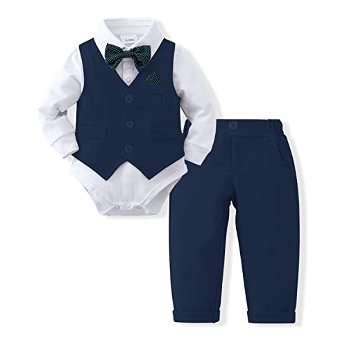 DISAUR Boys Baptism Outfit Long Sleeve Infant White Shirt Dark Blue Plaid Vest Pants Bow Tie Baby Formal Outfit Boy 6 9 Months