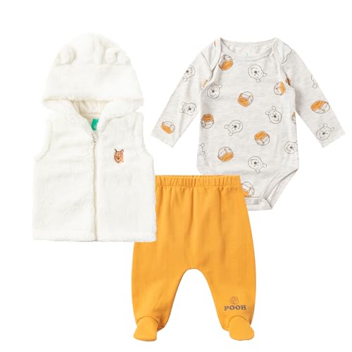 Disney Winnie the Pooh Baby Boys Sherpa Hooded Vest with Long Sleeve Bodysuit, and Pants Set for Infants