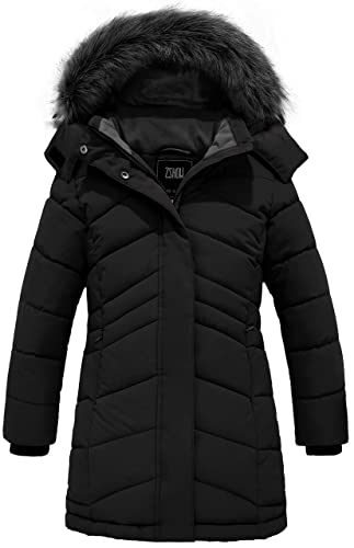 ZSHOW Girls' Outdoor Winter Coat Warm Fleece Lined Puffer Jacket with Detachable Hood(Black,10-12)