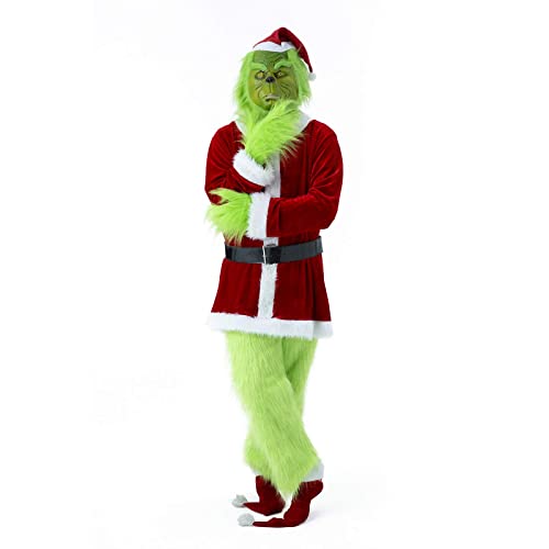 Afoxsos 7PCS Christmas Green Monster Costume - Adult Santa Suit Set Santa Claus Outfit (Including Mask) - XX-Large