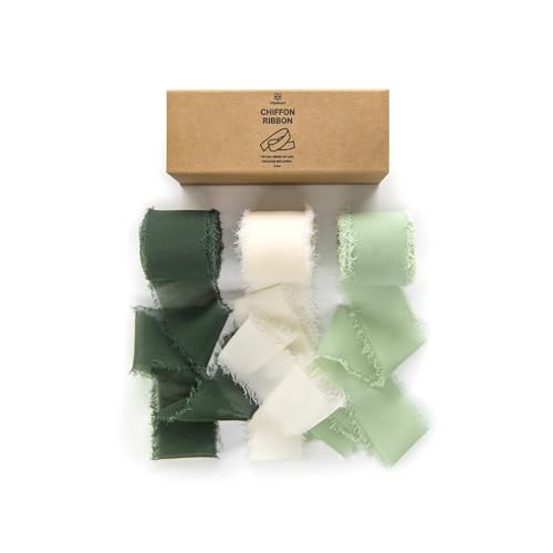 Vitalizart Handmade Chiffon Silk Ribbon Fringe Green & Cream 1.5' x 21 Yd Frayed Edges Ribbons for Wedding Invitations Bridal Bouquets Gifts Wrapping Crafts Holiday Party Decorations