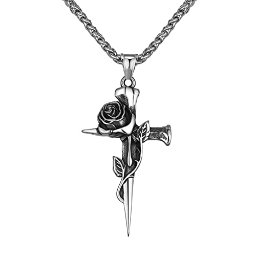 Vintage Cross Pendant Necklace for Men Women Rose Flower Necklace Stainless Steel Gothic Punk Jewelry,Personalized Rapper Bike Necklaces with 24 Inch Chain