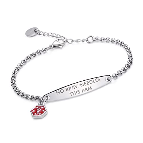 LinnaLove-Pre-engraved Simple Rolo chain Medical alert bracelet for Women-NO BP/IV/NEEDLES THIS ARM