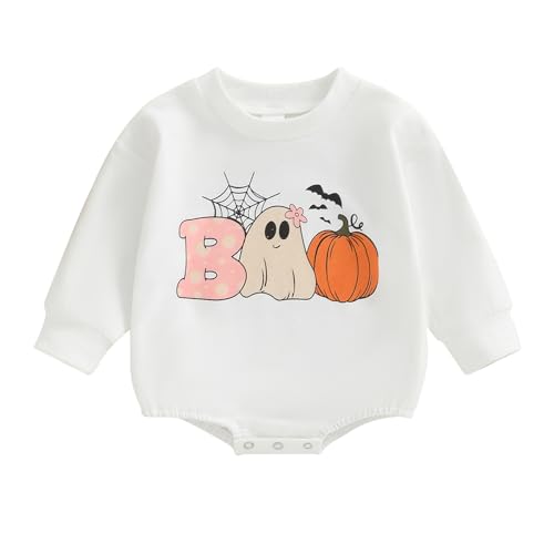 Baby Girl Halloween Outfit Fall Newborn My First Halloween Outfits Infant Sweatshirt Bubble Romper Pumpkin Clothes (C Boo Pumpkin White,0-3 Months)