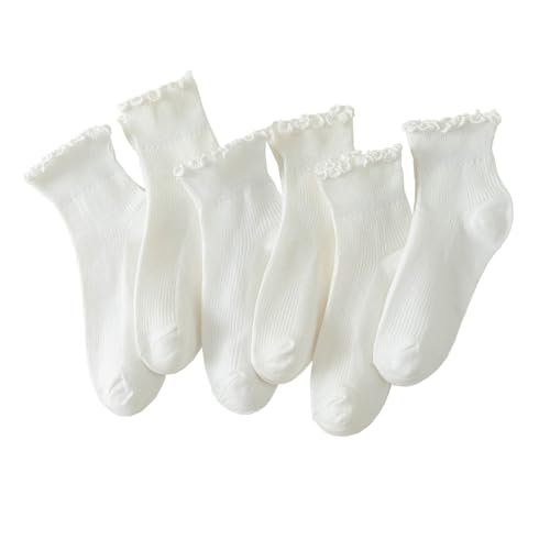 Hstyle Ruffle Socks Women, Ruffle Turn-Cuff Casual Cute Girl Ruffle Socks Breathable Cool Ruffle Ankle Socks 6 Pairs of White