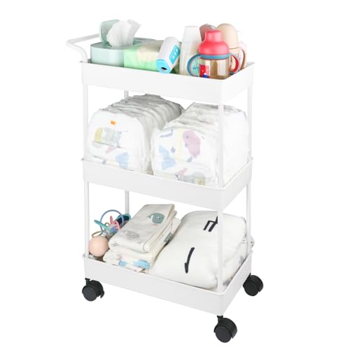 Volnamal Baby Diaper Caddy, Plastic Movable Cart for Newborn Nursery Essentials Diaper Storage Caddy Organizer for Changing Table & Crib, Easy to Assemble, Beige