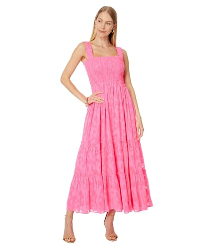 Lilly Pulitzer Women's Hadly Smocked Maxi Dress, Roxie Pink Poly Crepe Swirl Clip XL