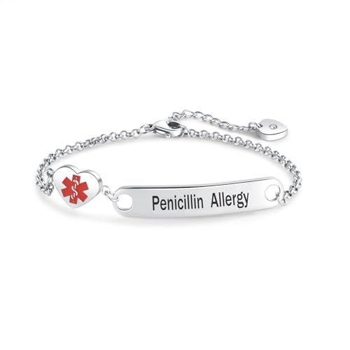 NARTGO Heart Medical Alert Penicillin Allergy Bracelet for Women Emergency First Aid Health Alert Engraved Stainless Steel Adjustable Chain Bracelets