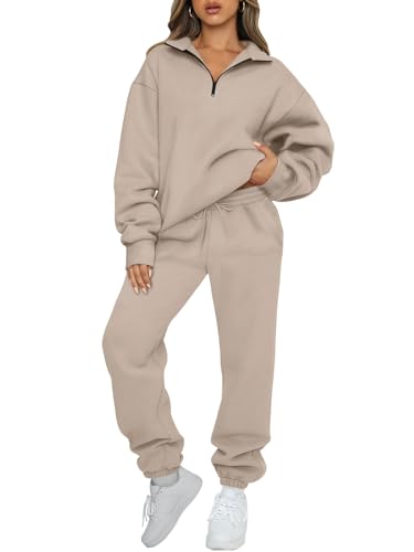 AUTOMET Womens 2 Piece Thanksgiving Outfits Sweat Suits Long Sleeve Quarter Zip Pullover with Fleece Lined Sweatpants CoffeeGrey M